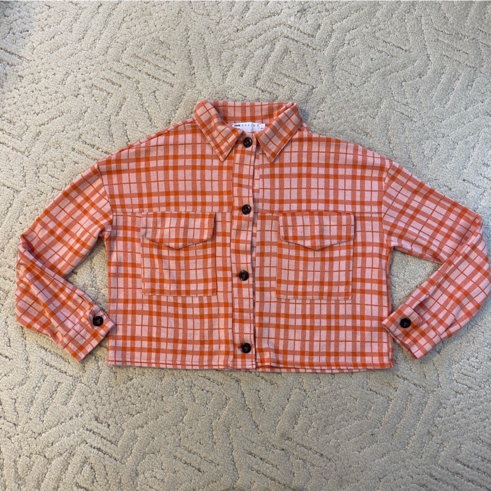 Asos‎ Design Orange & White Plaid Button-Up Shirt Shacket Jersey Cropped Size 4